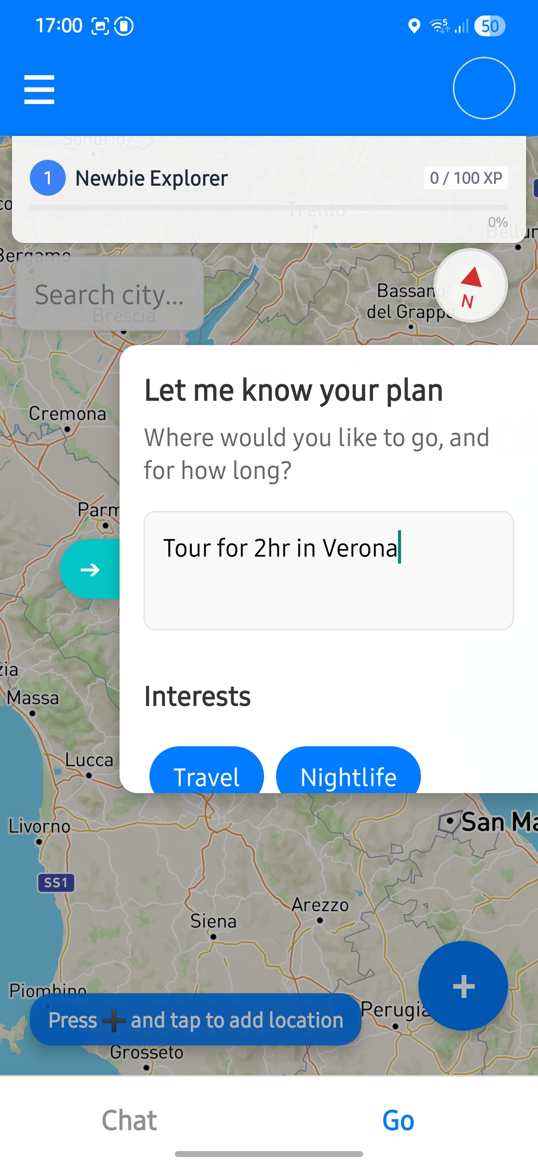 Tour request input screen